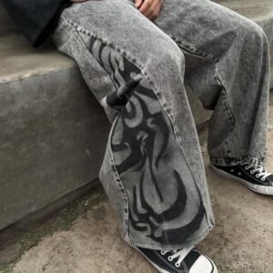 hand painted grey jeans with custom black artwork