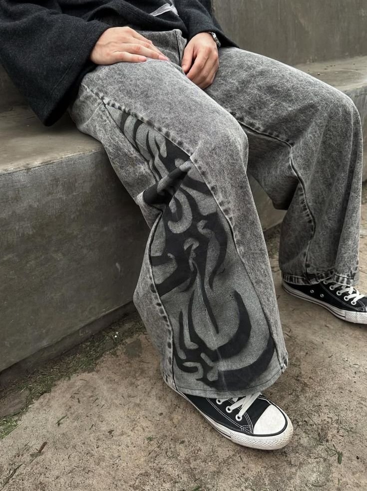 hand painted grey jeans with custom black artwork