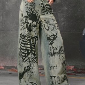 grey-green jeans with black paintings containing morely skull work on it