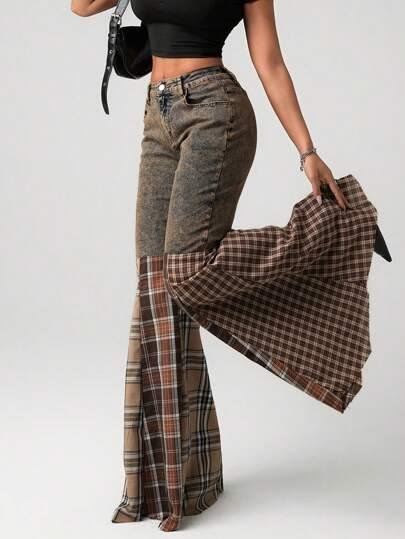 a grey green denim customized with brown and cream check fabric