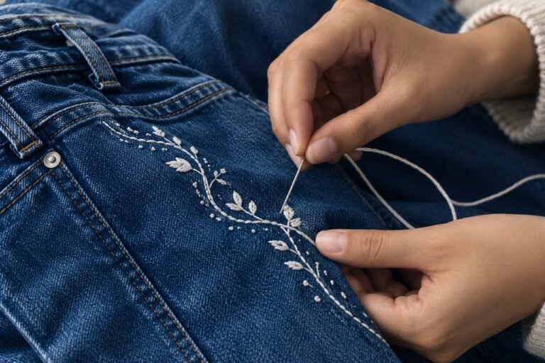 a artist doing thread work on a blue jean with white thread