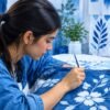 a girl painting a blue denim with white paint with floral design