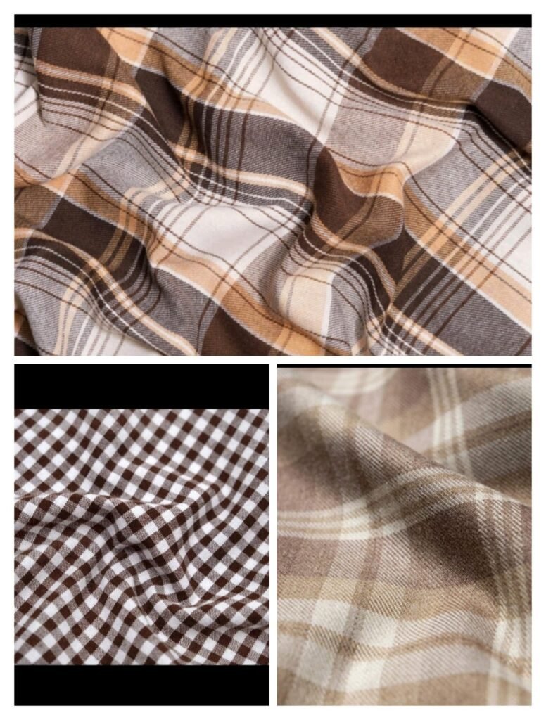 different tytpe of check fabric containing the mix of colour brown , orange , darker shade of red , white , dusky brown .