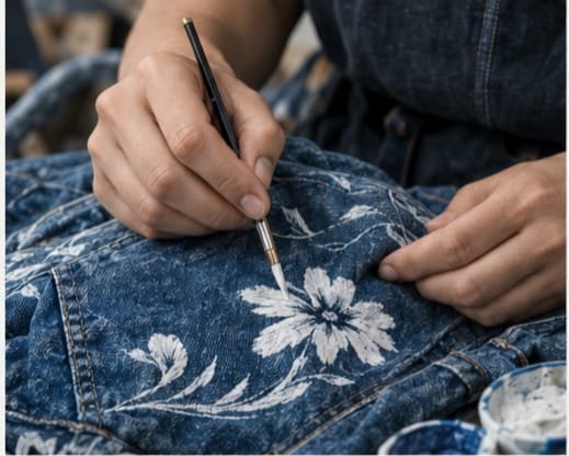 blue-denim with white floral paint on it