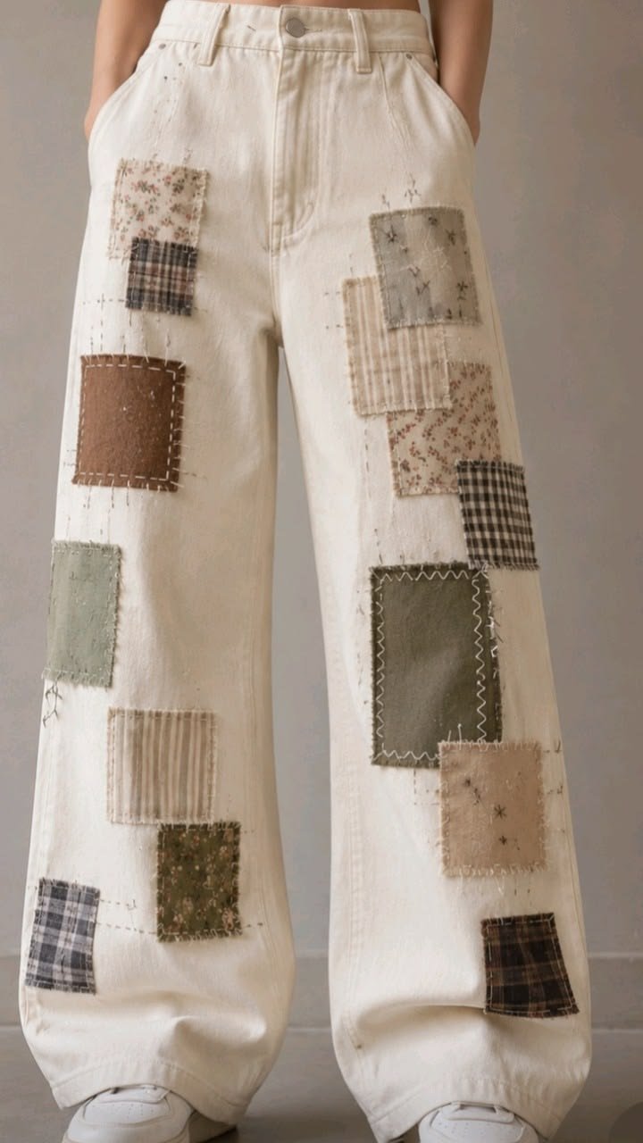 A off white denim having various pastel patches on it